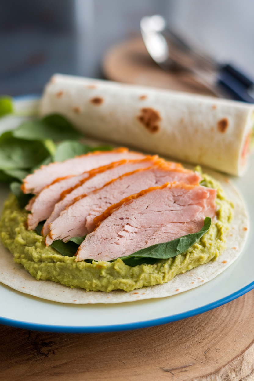 Indoor tabletop photo of a flour tortilla spread with mashed avocado, deli turkey slices, and baby spinach, rolled halfway to show colorful layers. No text or logos.