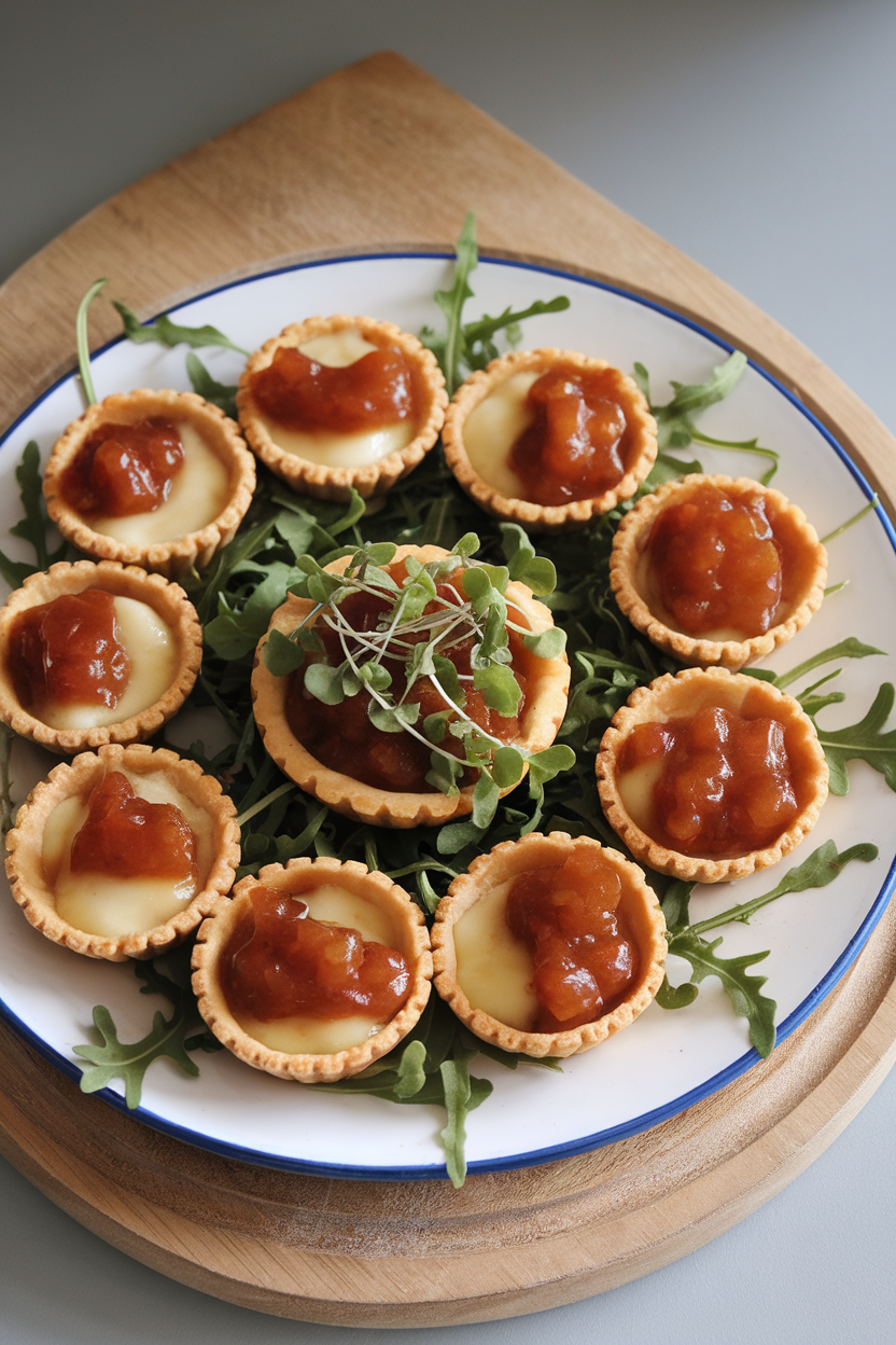 An indoor platter with small tart shells filled with melted cheddar and glossy apple chutney, microgreens sprinkled on top. No logos or text. Photo only.