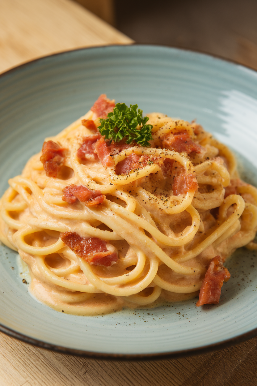Indoor photo of a plate of spaghetti carbonara—glossy sauce, crisp pancetta, and cracked black pepper visible. No text or logos.