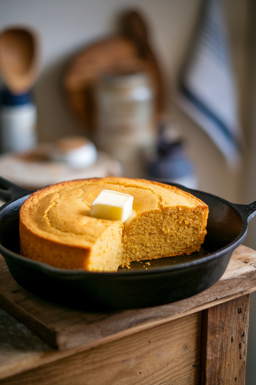 A cast-iron skillet on an indoor wooden table, holding golden cornbread wedges with a pat of butter melting in the center; no text or logos. Photo.</Prompt