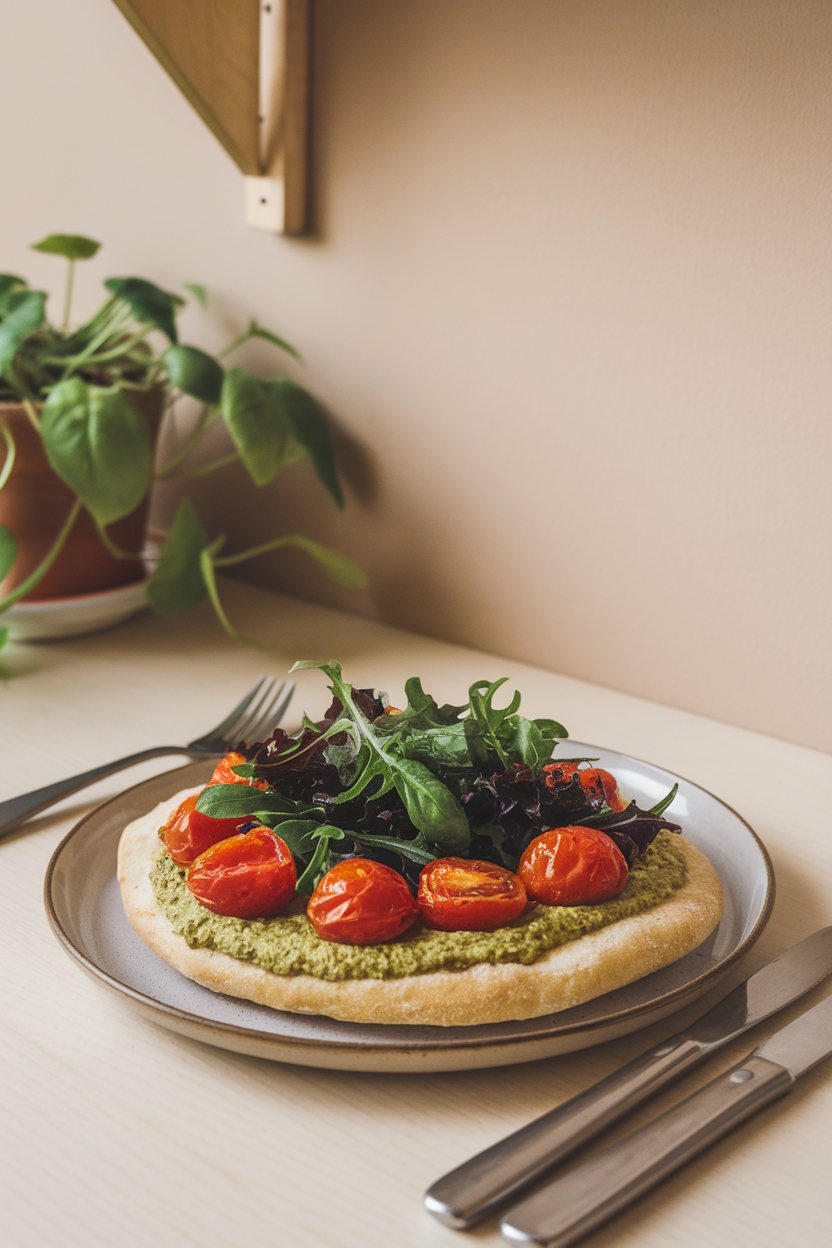 Indoor kitchen table with a personal-size flatbread topped with basil pesto, roasted cherry tomatoes, and arugula. No logos or text present.