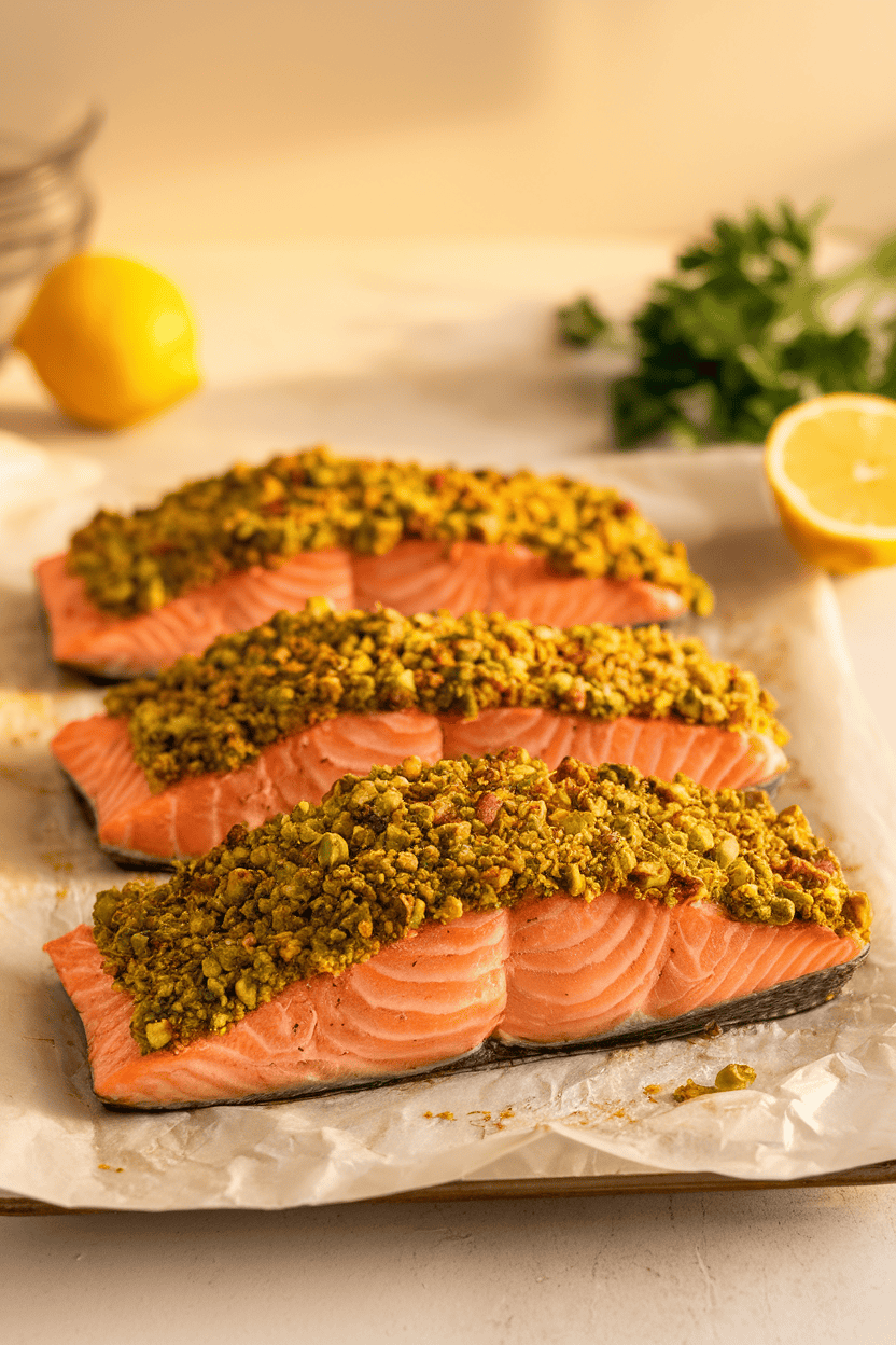 Indoor photo of salmon fillets topped with a green pistachio crust, resting on parchment. Warm lighting, no logos.