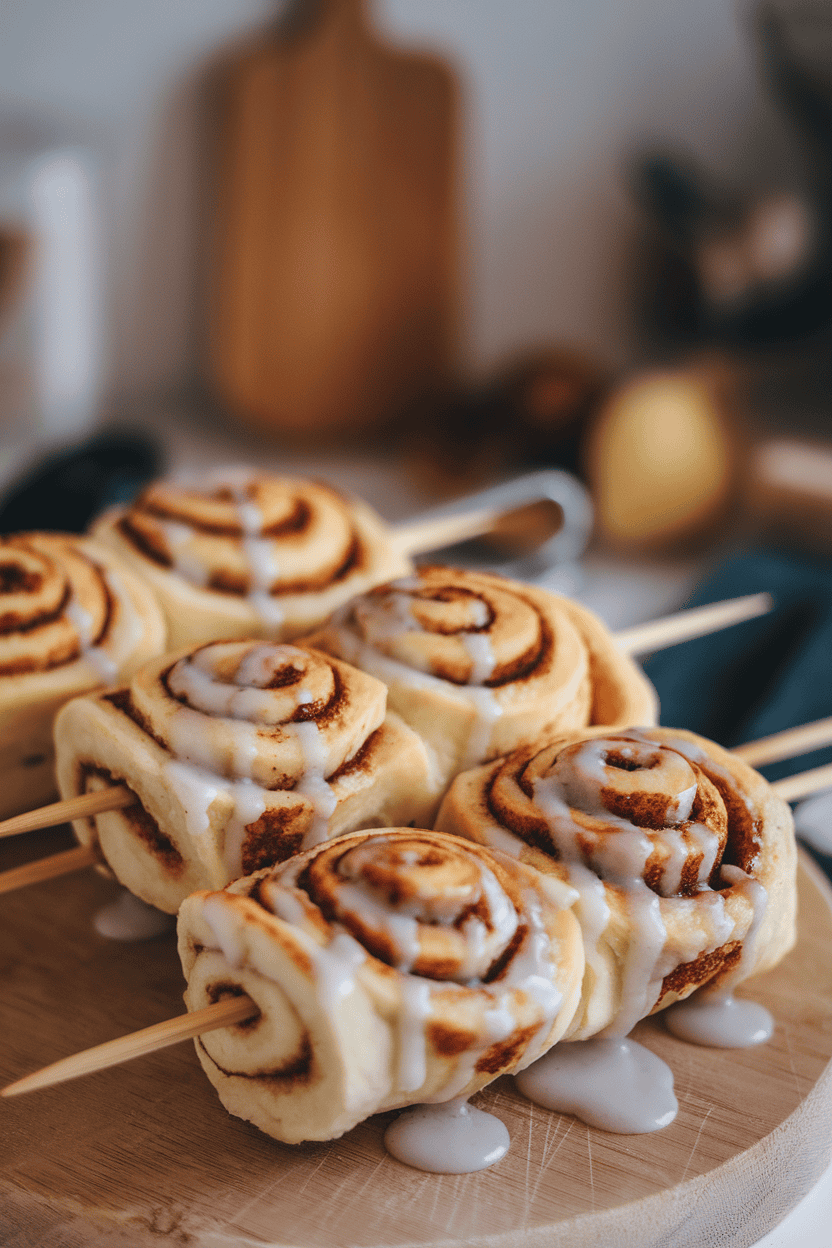 Indoor photo of spiraled cinnamon roll dough cooked on wooden skewers, glaze drizzled over; no logos or text.