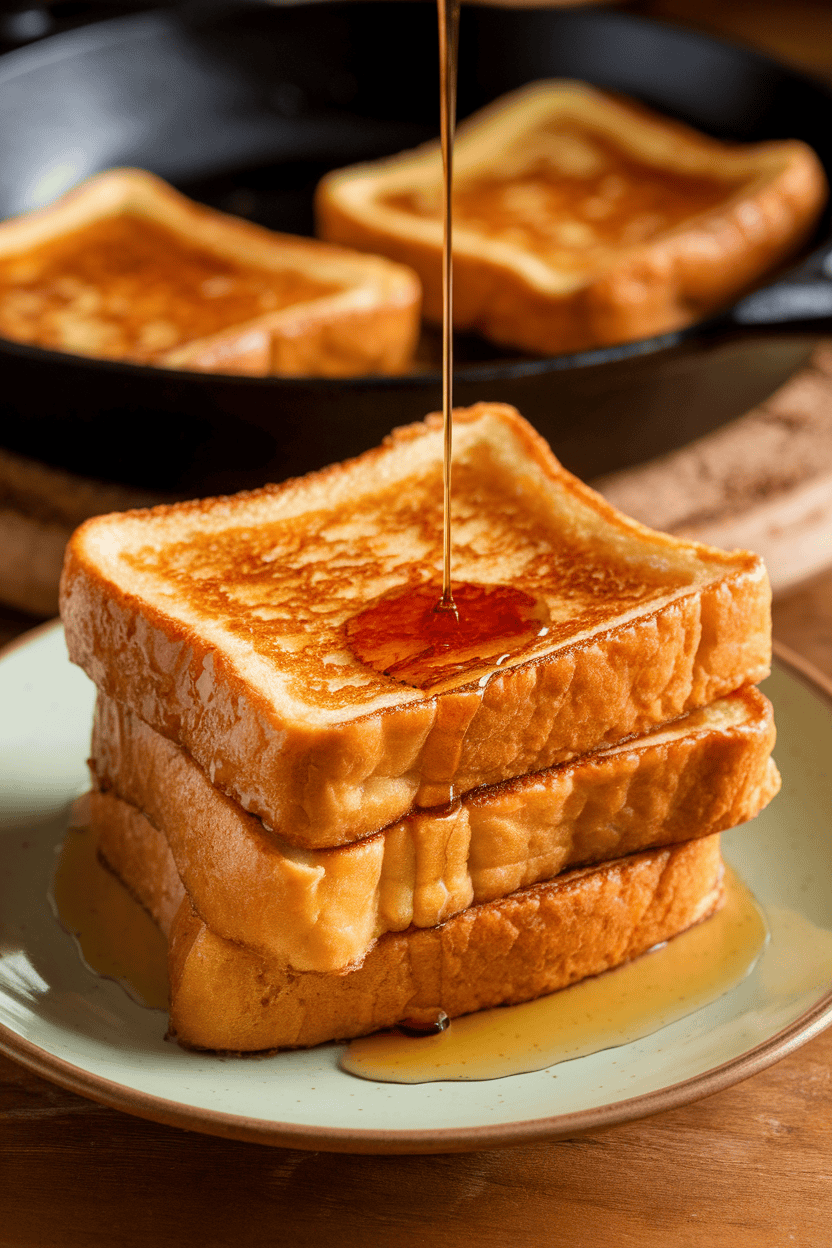 Indoor photo of golden French toast slices stacked on a plate with a drizzle of syrup, skillet in background; no logos or text.