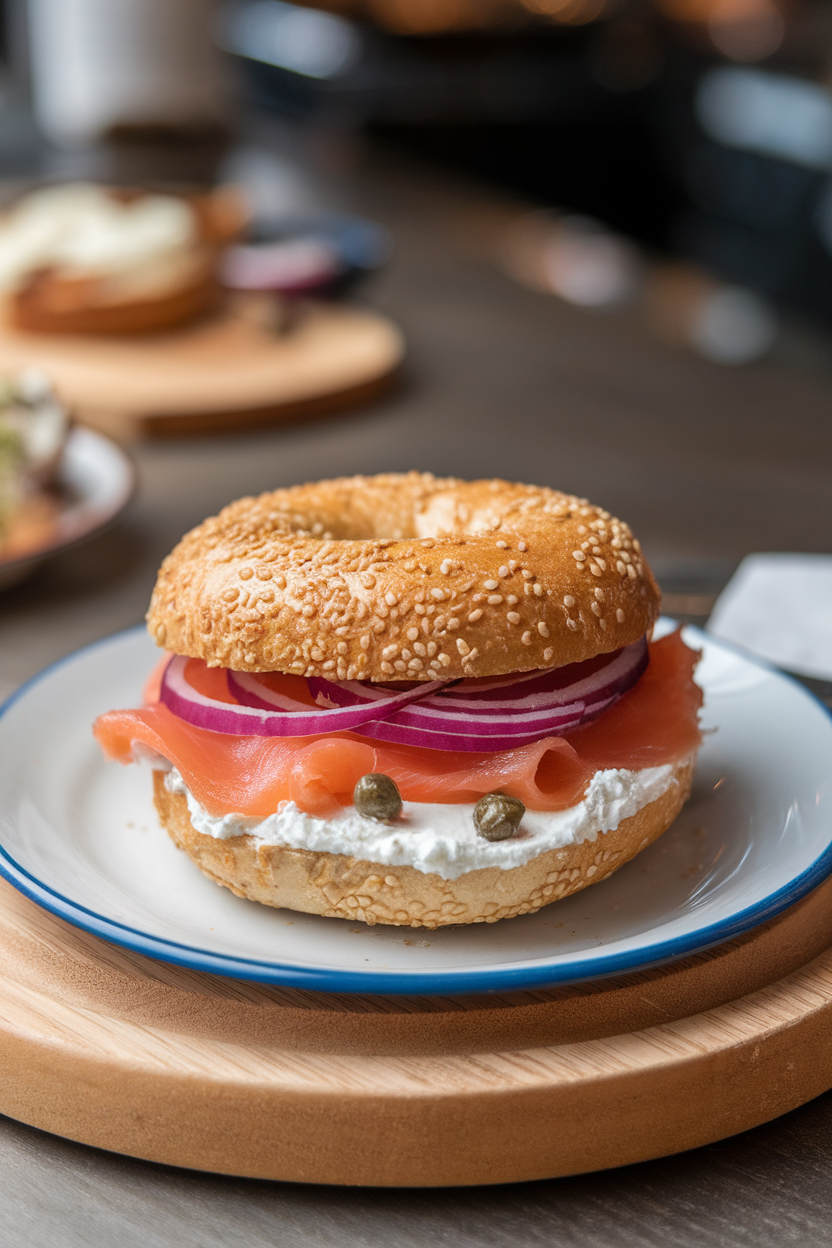 Photo of an indoor café-style plate holding a toasted sesame bagel spread with cream cheese and layered with smoked salmon, red onion, and capers. No text or logos.