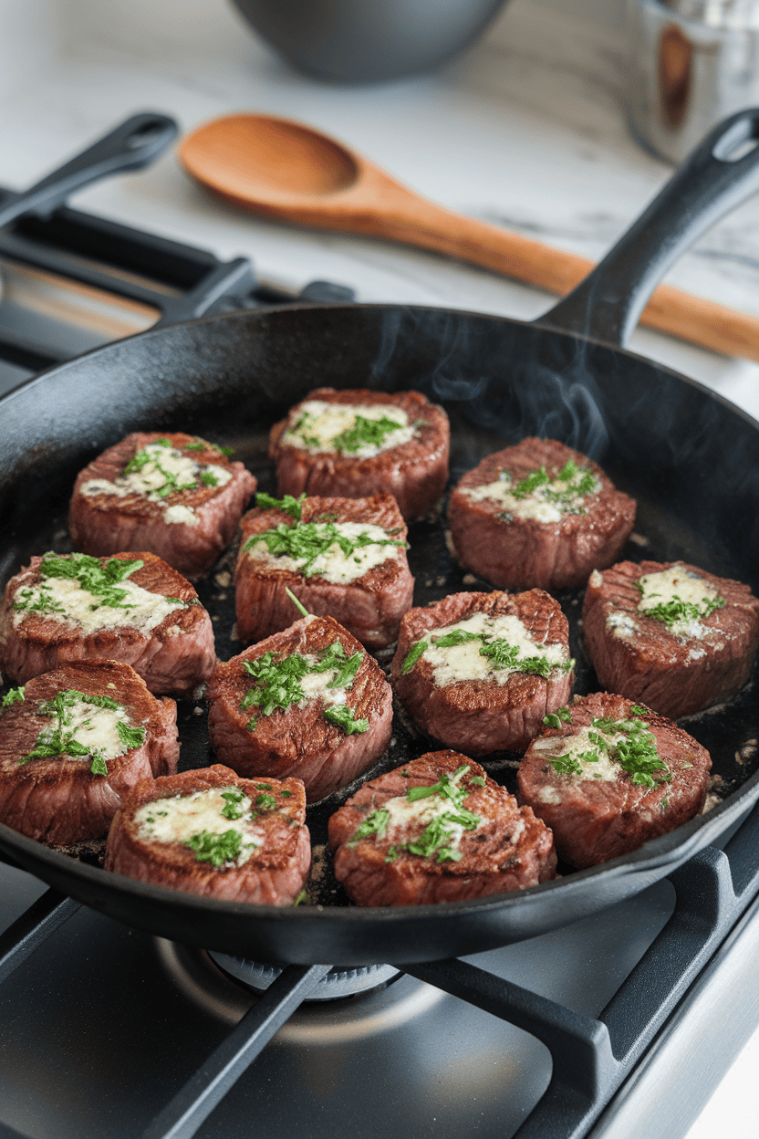 An indoor skillet on a stovetop filled with seared steak bites coated in garlic butter and sprinkled with chopped parsley. No text or logos; photo.