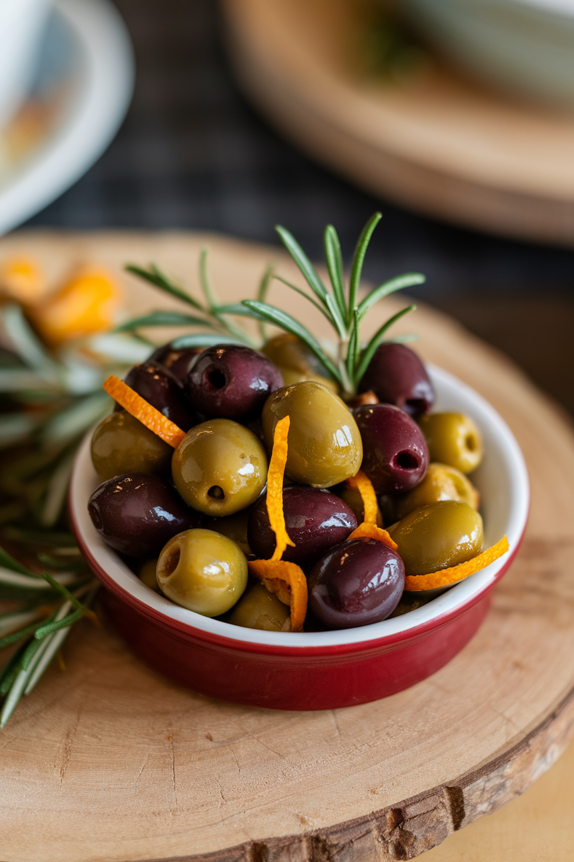 A small indoor dish of assorted roasted olives glistening with olive oil, sprigs of rosemary and orange zest strips scattered. No text or logos. Photo only.