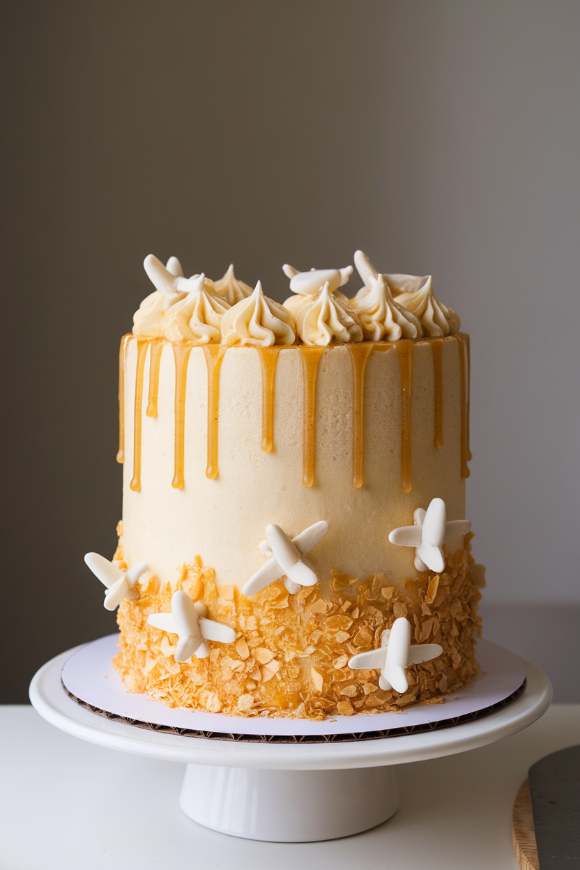 A tall honey sponge cake indoors, coated in honey-butter frosting and drizzled with extra honey, tiny fondant airplanes circling the base. No text or logos, photo only.
