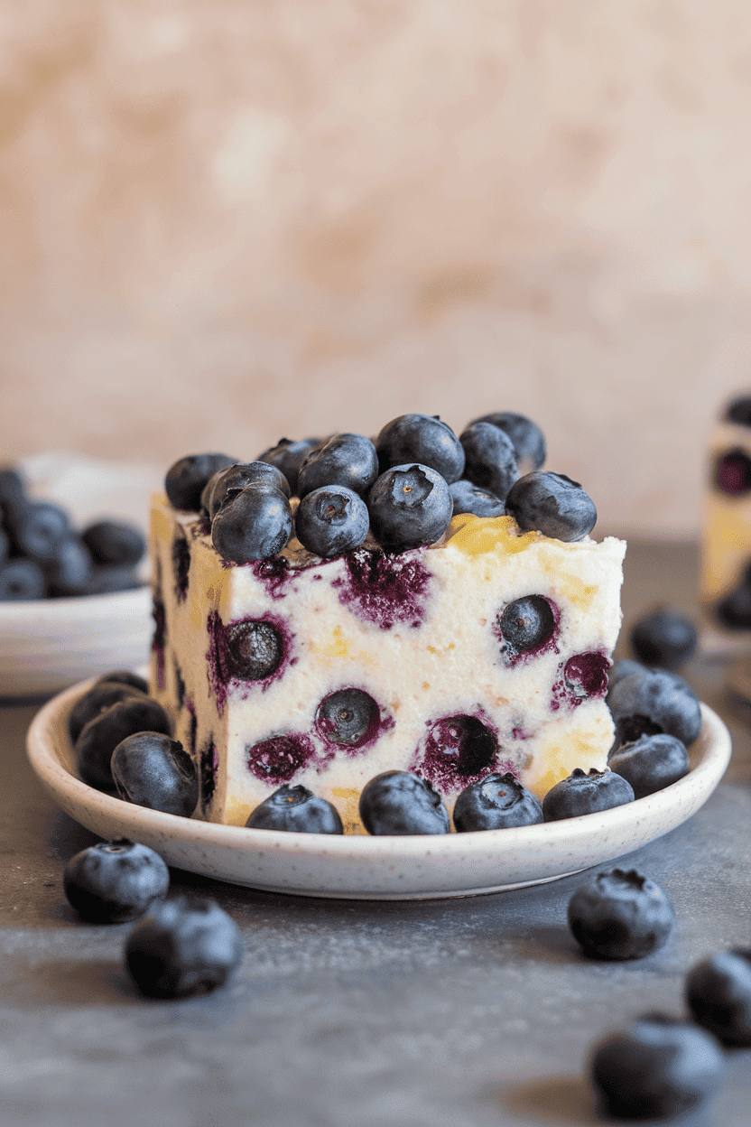 Indoor counter scene with a square of blueberry yogurt cake showing juicy berries and a light lemon drizzle. No text or logos. Photo.