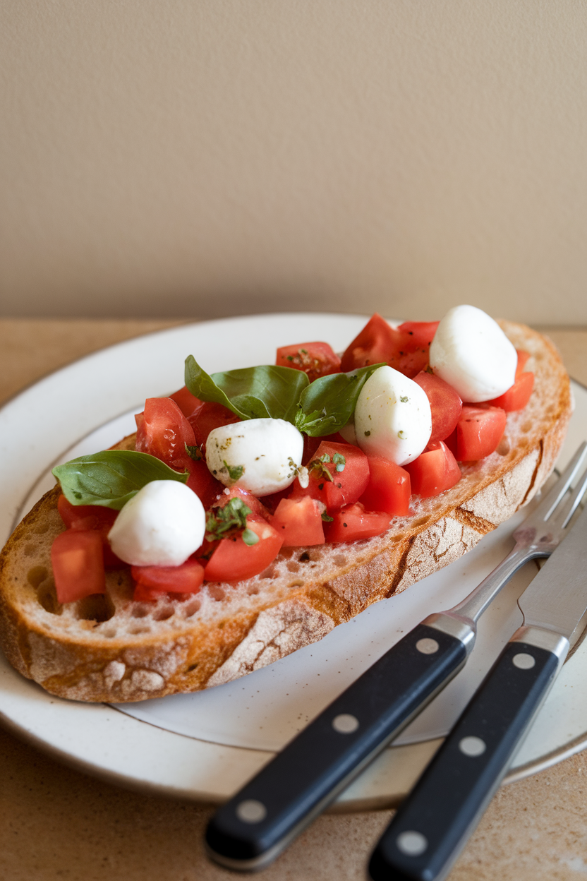 An indoor tabletop photo of toasted whole-grain baguette slices topped with diced tomatoes, basil, and small mozzarella pearls, no text or logos.