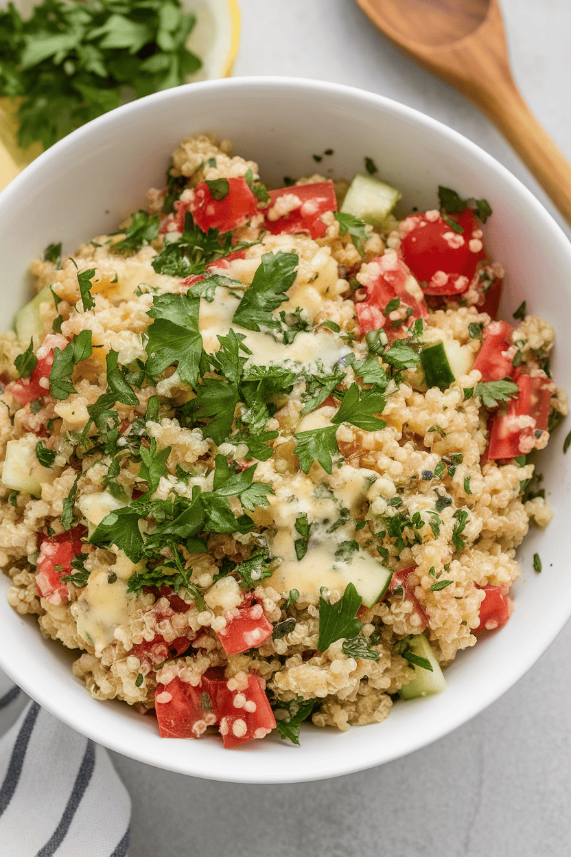 An indoor salad bowl of fluffy quinoa mixed with chopped parsley, diced tomatoes, cucumber, and lemon dressing, wooden spoon on side. No text or logos; photo only.