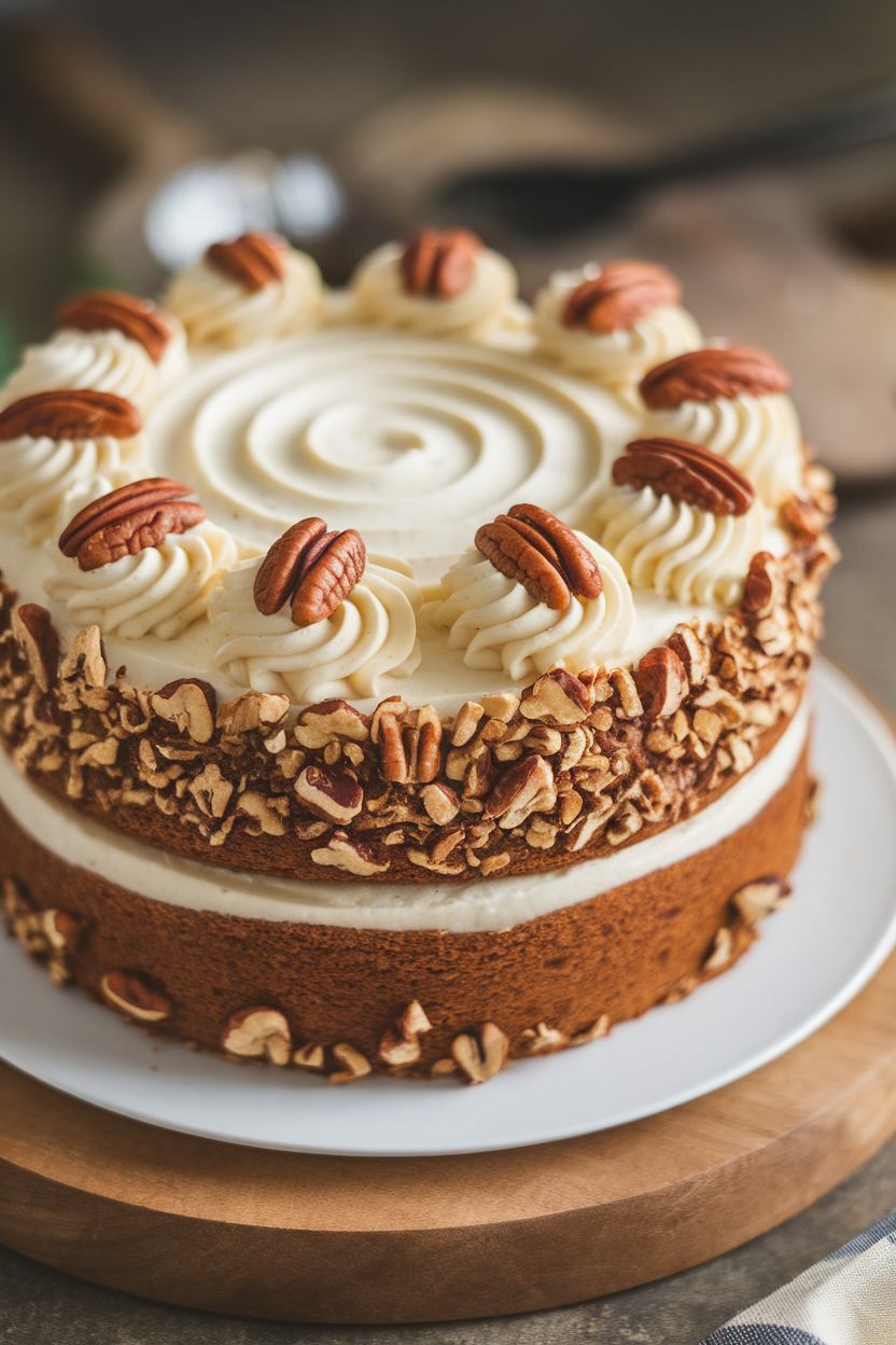 Indoor photo of a two-layer spice cake with cream cheese frosting, decorated with chopped candied pecans. No text or logos.