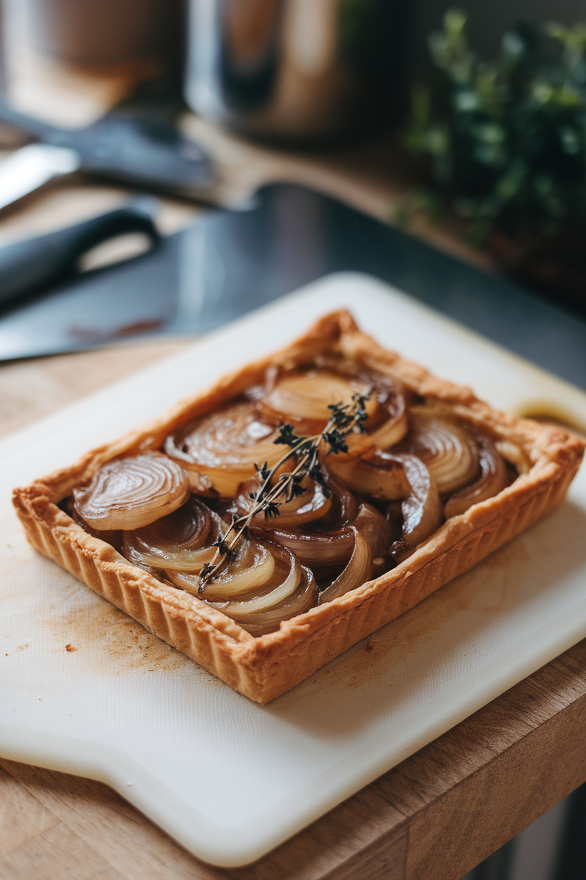 Indoor cutting board with rectangular puff pastry tart topped with glossy caramelized onions and thyme sprigs. Photo, no text or logos.