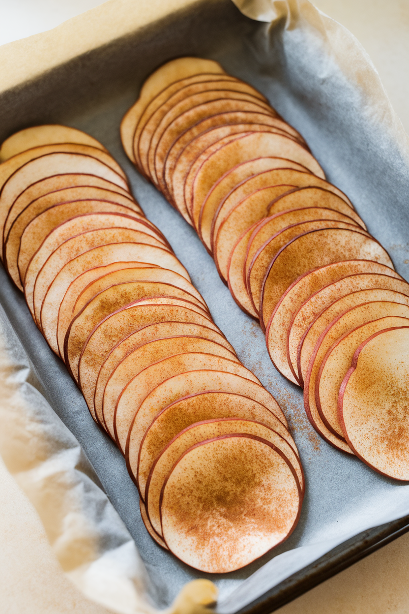 An indoor photo of a parchment-lined tray filled with thin, cinnamon-dusted apple chips arranged in rows. No text or logos.