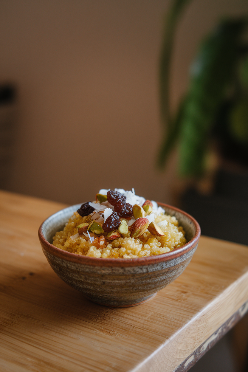 A ceramic bowl on an indoor table holding golden quinoa topped with raisins, pistachios, and coconut shreds. Photo only, no text or logos.