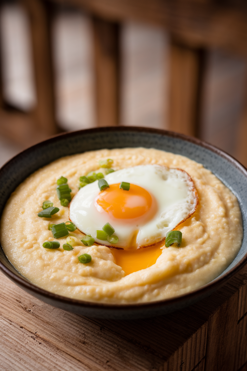 Indoor bowl of creamy cheese grits topped with a sunny-side-up egg and chopped scallions. No text or logos.