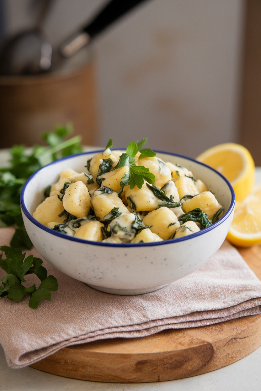 An indoor bowl holding tender ricotta gnocchi flecked with spinach, coated in light lemon-butter sauce, parsley garnish. No logos; photography only.