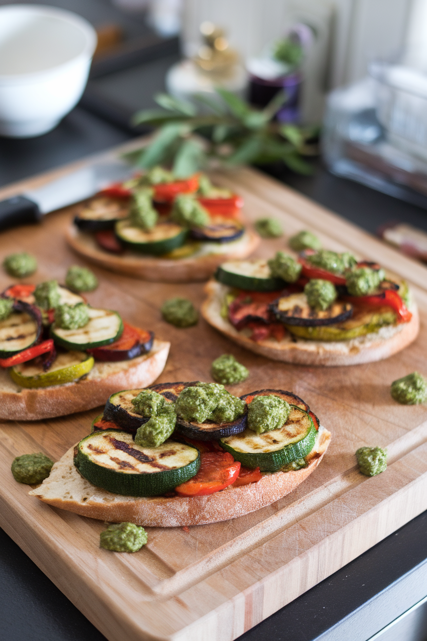 An indoor cutting board with toasted flatbreads topped with grilled zucchini, bell peppers, and dollops of basil pesto. No text or logos.