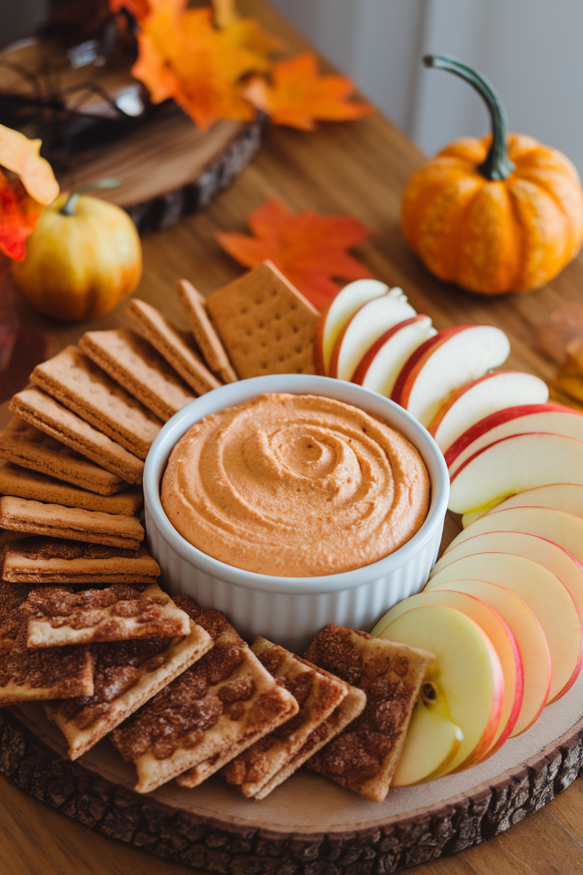 Indoor fall dessert spread featuring a bowl of light orange pumpkin spice dip, surrounded by graham crackers, apple slices, and cinnamon sugar pita chips. No text or logos. Photo only.