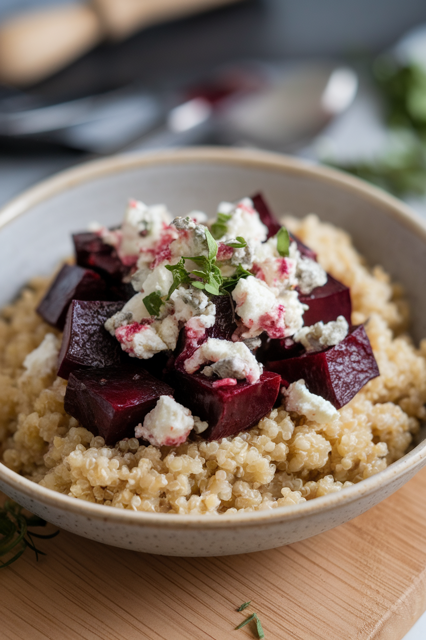 Soft indoor light on a bowl of quinoa dotted with roasted beet cubes and crumbled goat cheese; no logos or text.