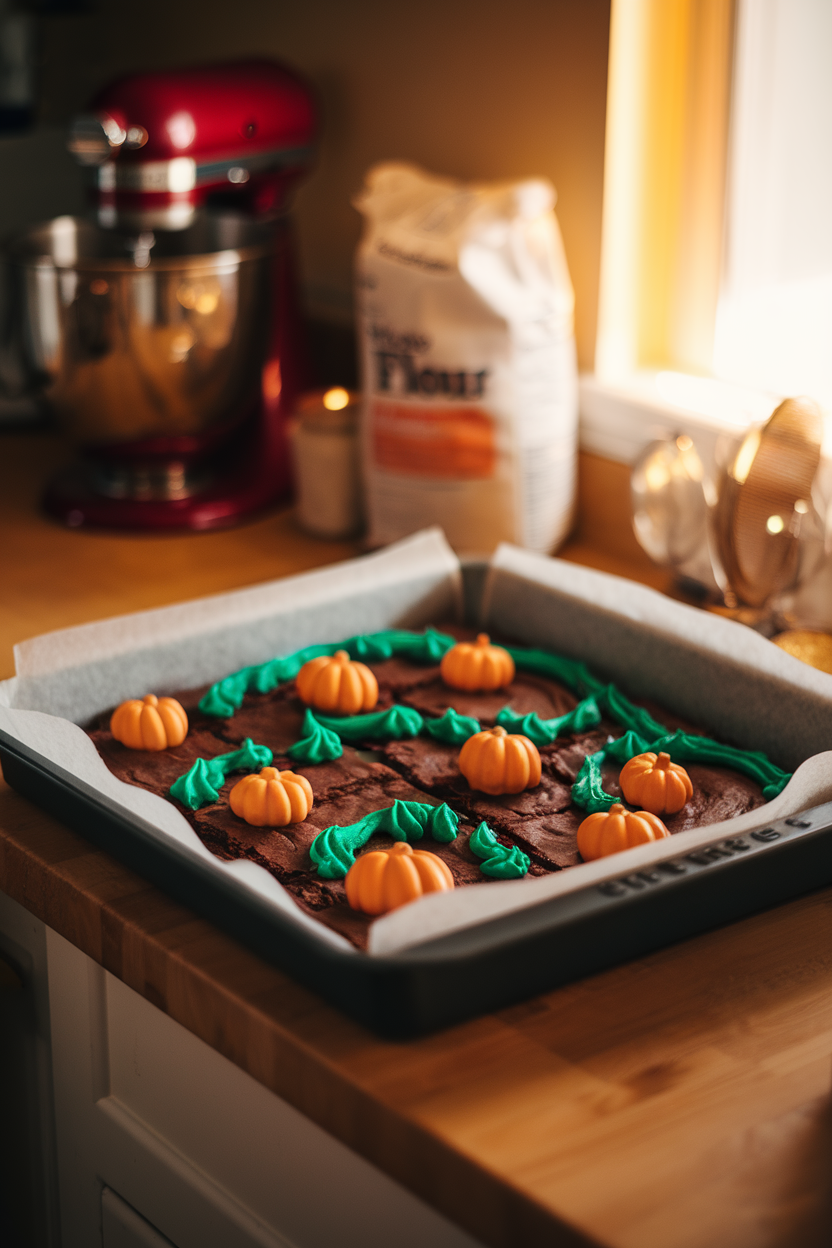 A warmly lit indoor countertop holding a baking pan of fudgy brownies topped with green frosting “vines” and candy pumpkin gummies. Photo only, no text or logos.