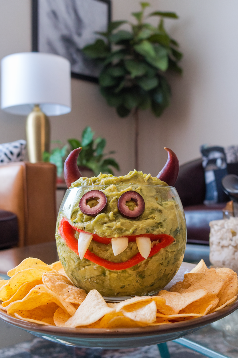 Indoor coffee table scene showing a shallow bowl of guacamole shaped into a monster face, with olive eyes and bell pepper teeth. Photo, no text or logos.