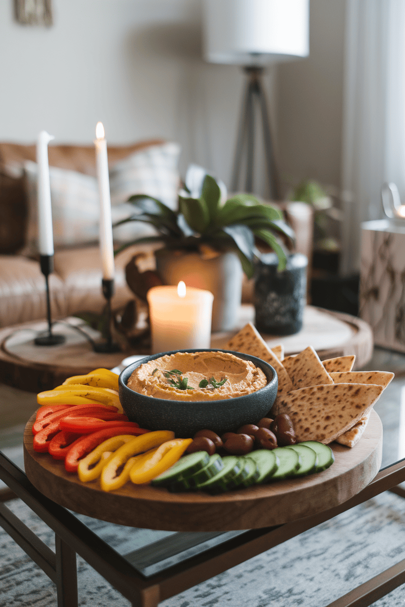 Indoor coffee table displaying a wooden board with a bowl of creamy hummus surrounded by sliced bell peppers, cucumber rounds, olives, and whole-wheat pita triangles. No text or logos. Photo, not illustration.
