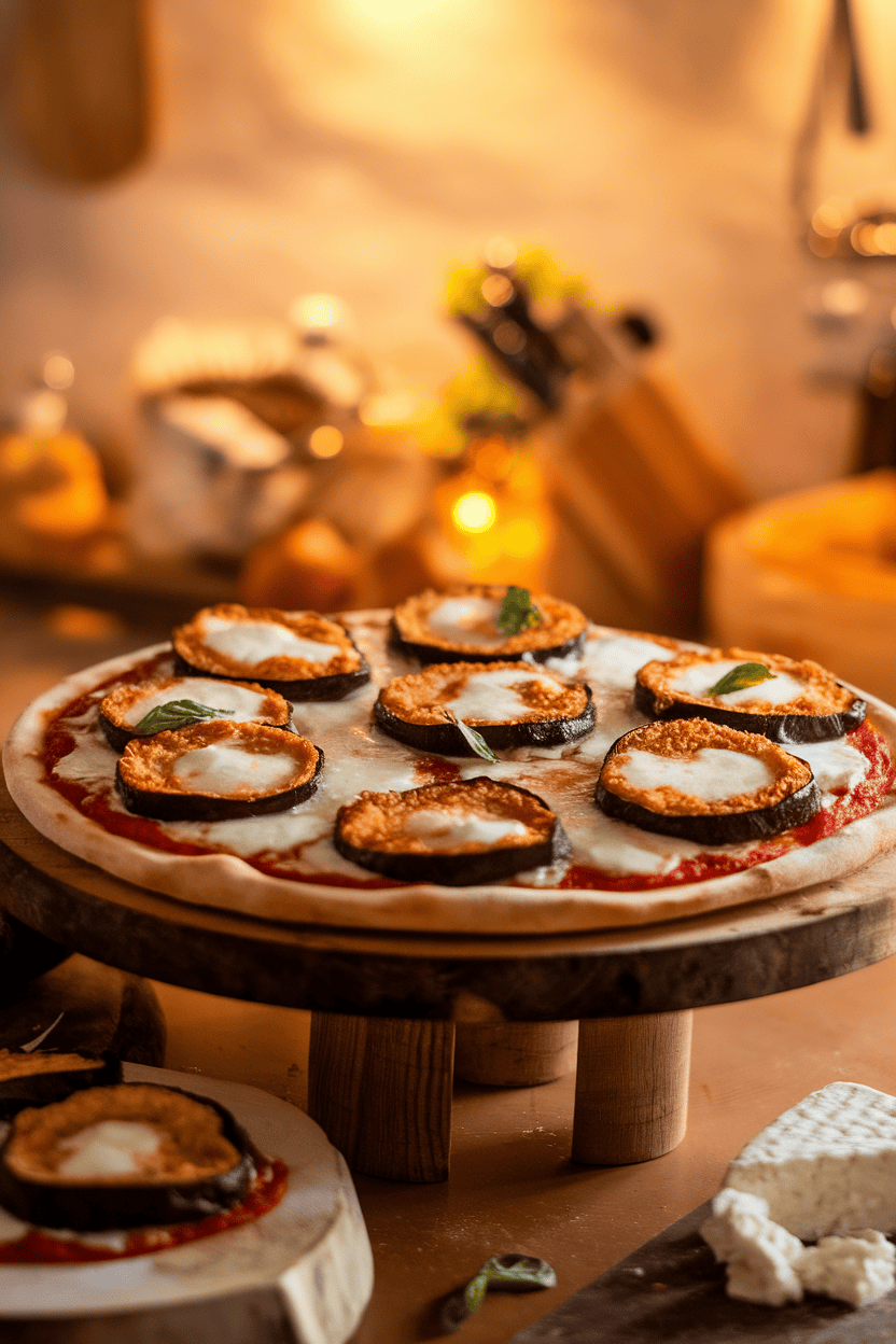 Indoor family kitchen with a pizza topped in golden breaded eggplant rounds and melting mozzarella, basil sprinkled on top. No text or logos.
