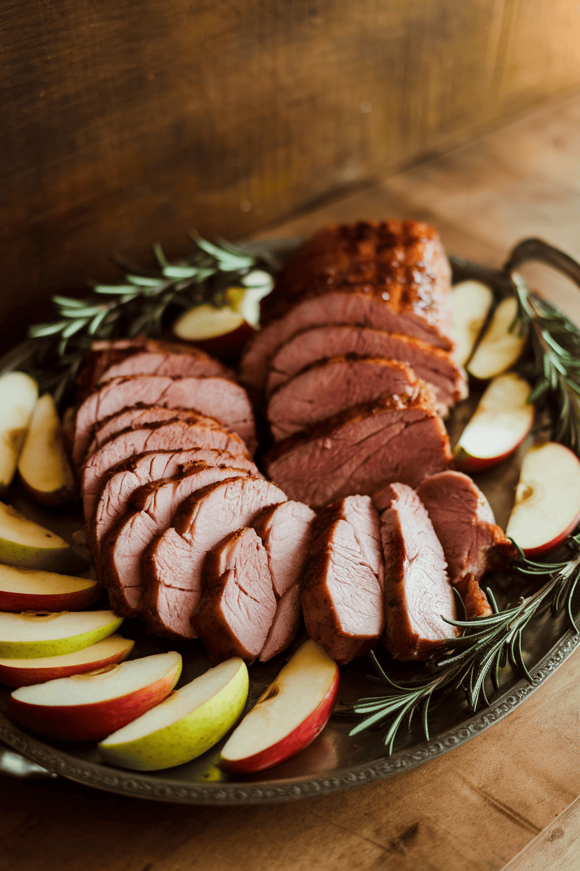 Indoor photo of sliced pork tenderloin fanned on a platter with roasted apple wedges and rosemary sprigs. No text or logos accompanying the food.
