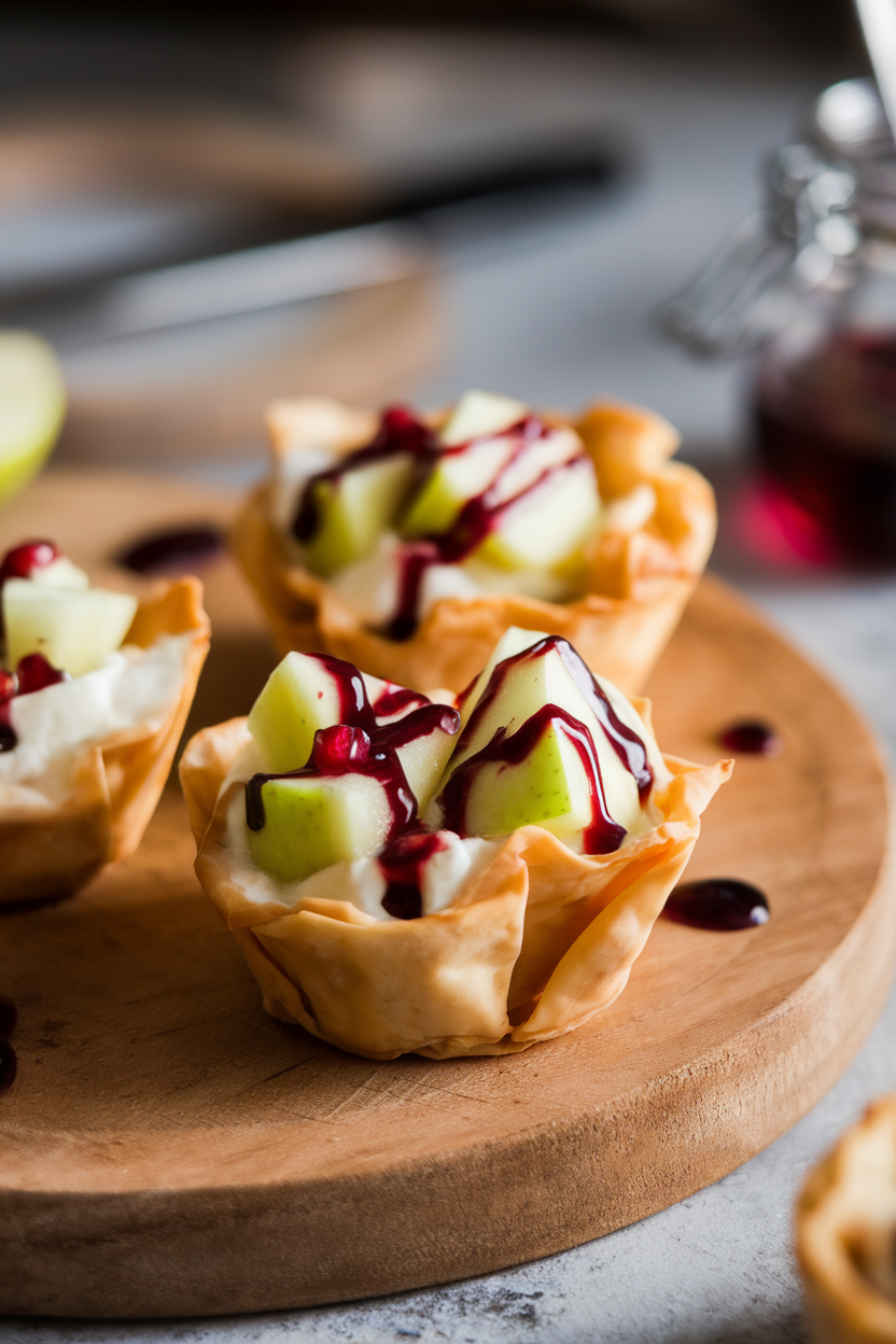 Photo of phyllo cups holding melted brie and diced green apple, drizzle of dark pomegranate syrup, indoor setting. No text or logos.
