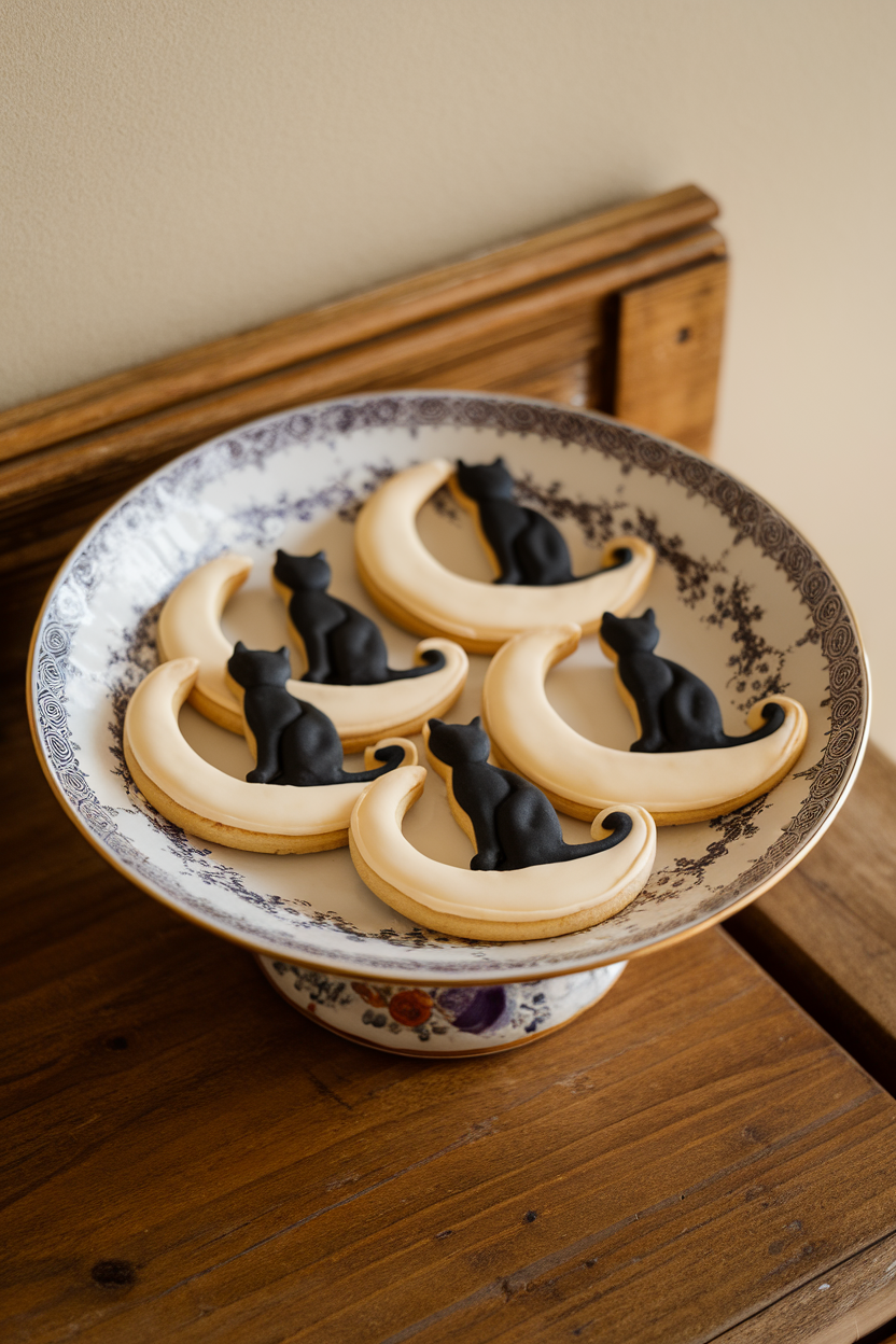 Indoor photo of cookies shaped like cats sitting on crescent moons, moons in pale yellow icing, cats in black, on a porcelain plate, no text or logos.