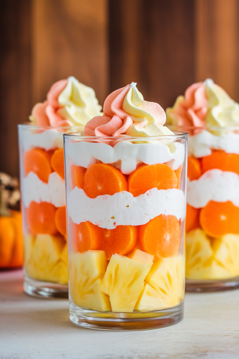 Clear indoor tumblers layered with pineapple, mandarin oranges, and whipped topping to mimic candy corn colors. No text or logos.