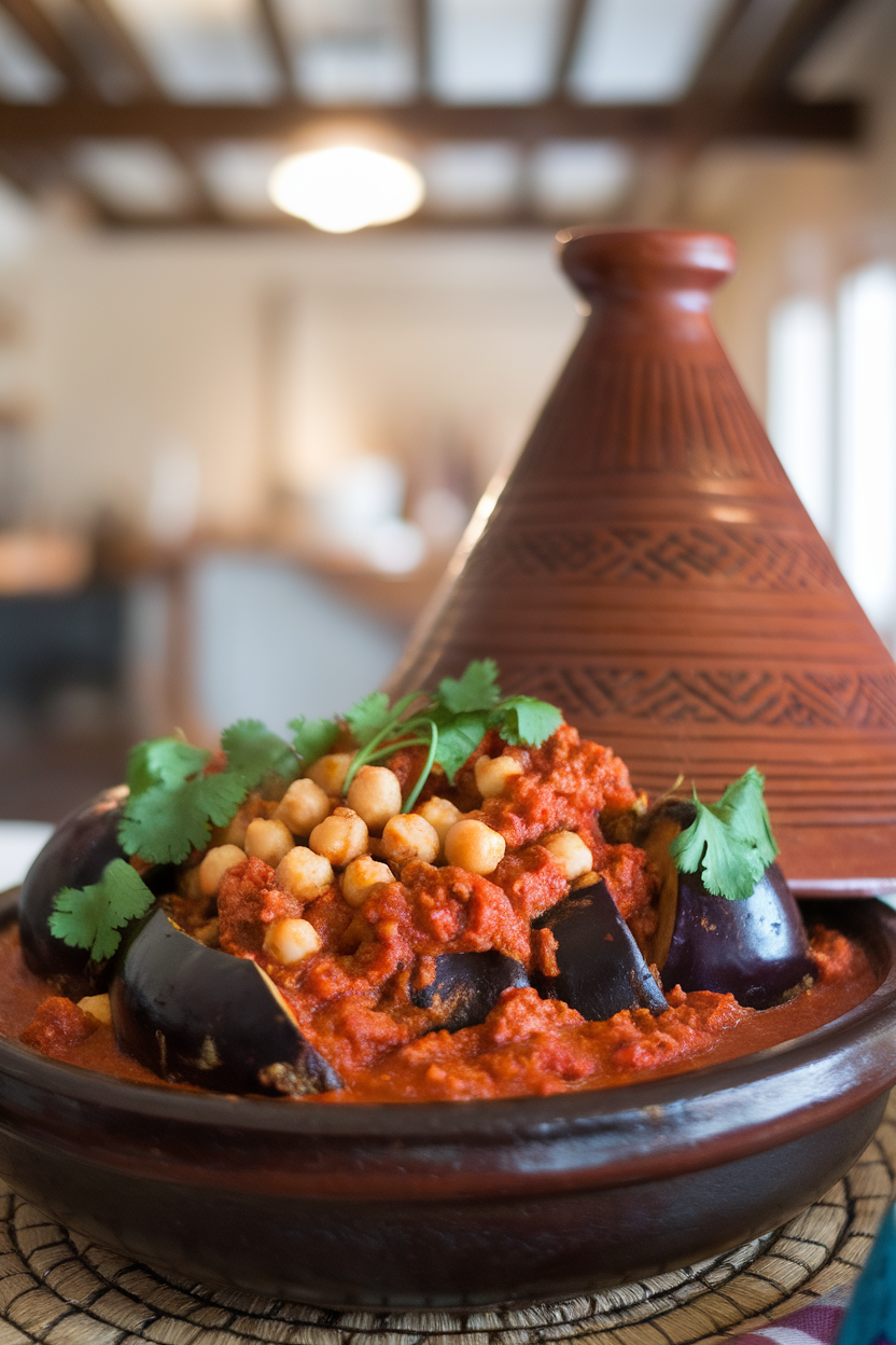 Photo of a tagine pot indoors showing chunky eggplant and chickpeas in spiced tomato sauce, topped with cilantro; no text or logos.