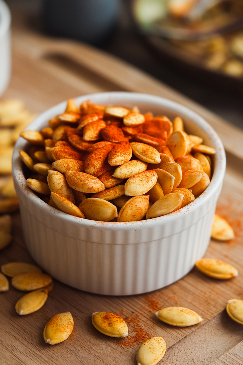 Photo of indoor ramekin filled with orange-tinted roasted pumpkin seeds dusted in paprika, no text or logos.