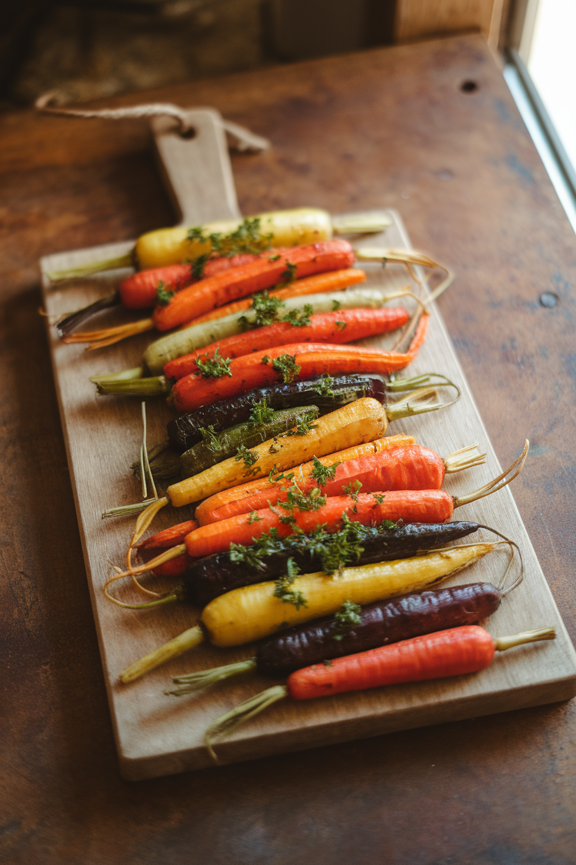Photo of an indoor platter lined with roasted multi-colored carrots garnished with chopped parsley; no text or logos