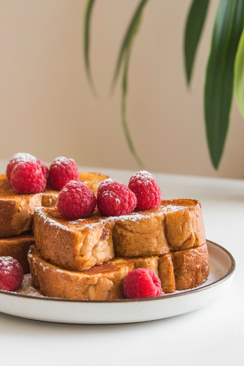 Indoor photo of two slices of whole-grain French toast topped with raspberries and a dusting of cinnamon; no text or logos present.