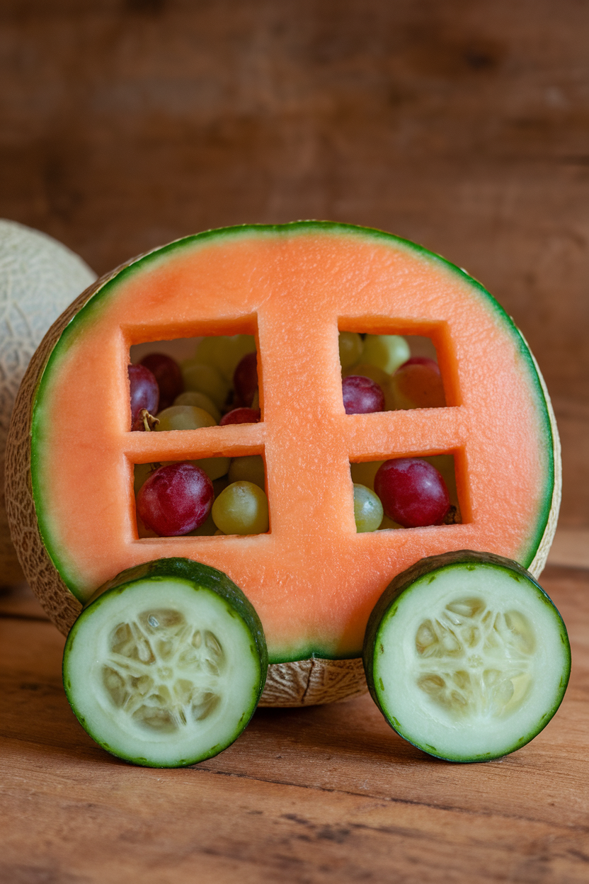 A cantaloupe half indoors carved with window cutouts, filled with grapes, two cucumber slice “wheels” propped beside it. No text or logos.