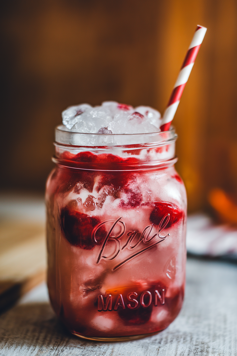 Photo of a mason jar indoors, holding frosty cranberry bourbon slush, bits of crushed ice glistening, and a striped paper straw. No text or logos.
