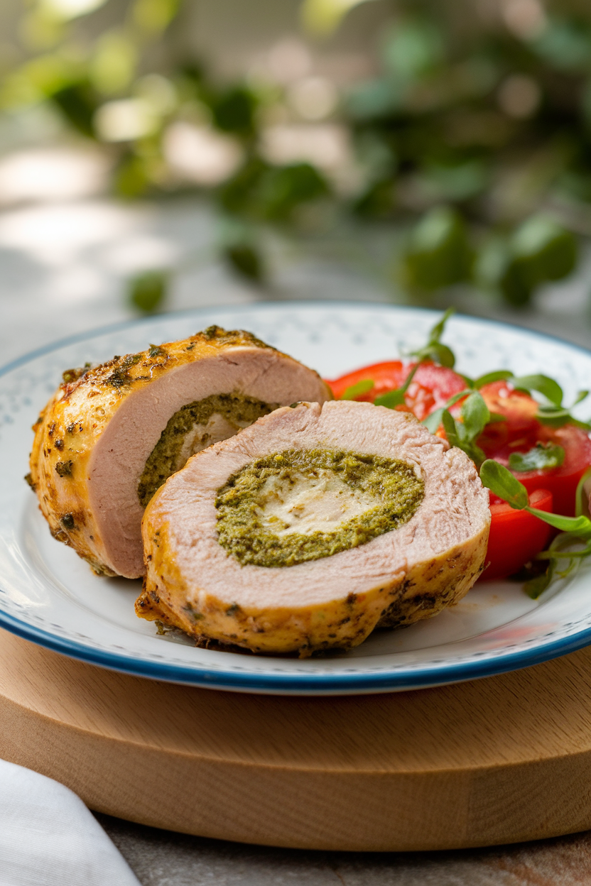 Indoor photo of stuffed chicken breast sliced to reveal green ricotta pesto center, plated with tomato salad; soft table light, no text or logos