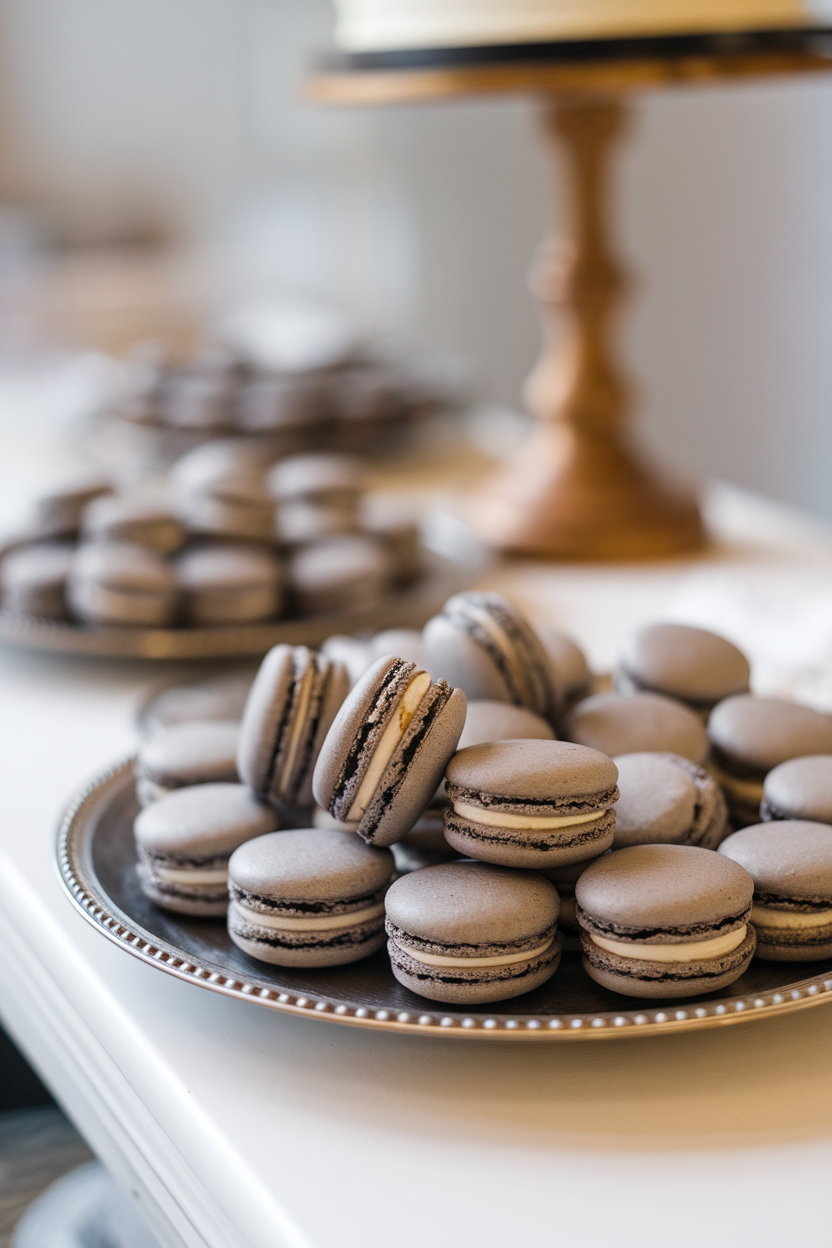An indoor patisserie tray with charcoal-gray macarons, their creamy black-sesame ganache filling visible at the edges. Photo only, no text or logos.