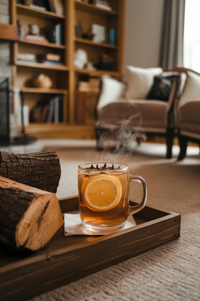 Indoor fireplace setting with a glass mug of steaming golden toddy, lemon wheel studded with cloves floating on top. No text or logos shown. Photo, not illustration.