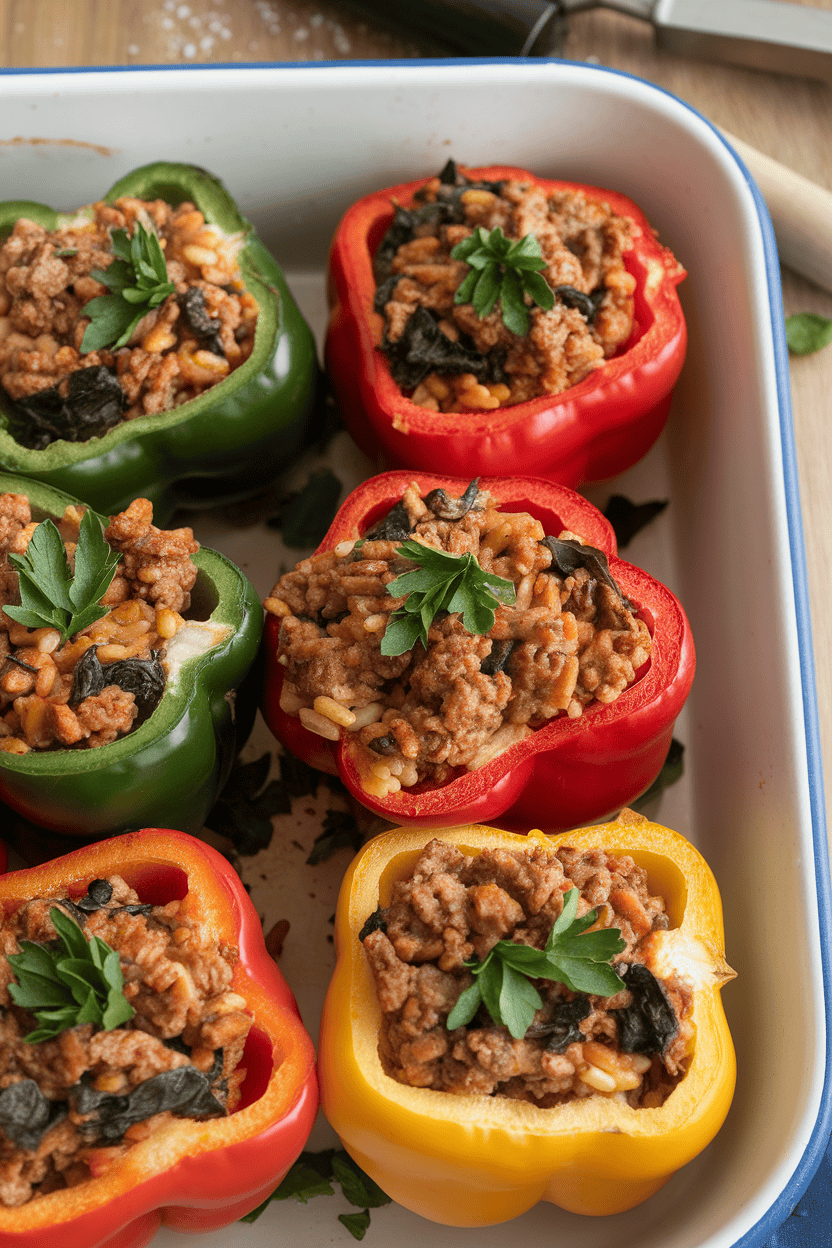 An indoor baking dish holding colorful bell peppers filled with ground turkey, spinach, and brown rice, topped with a sprinkle of fresh parsley. One pepper is sliced open to reveal the filling. No text or logos in scene. Photo, not illustration.