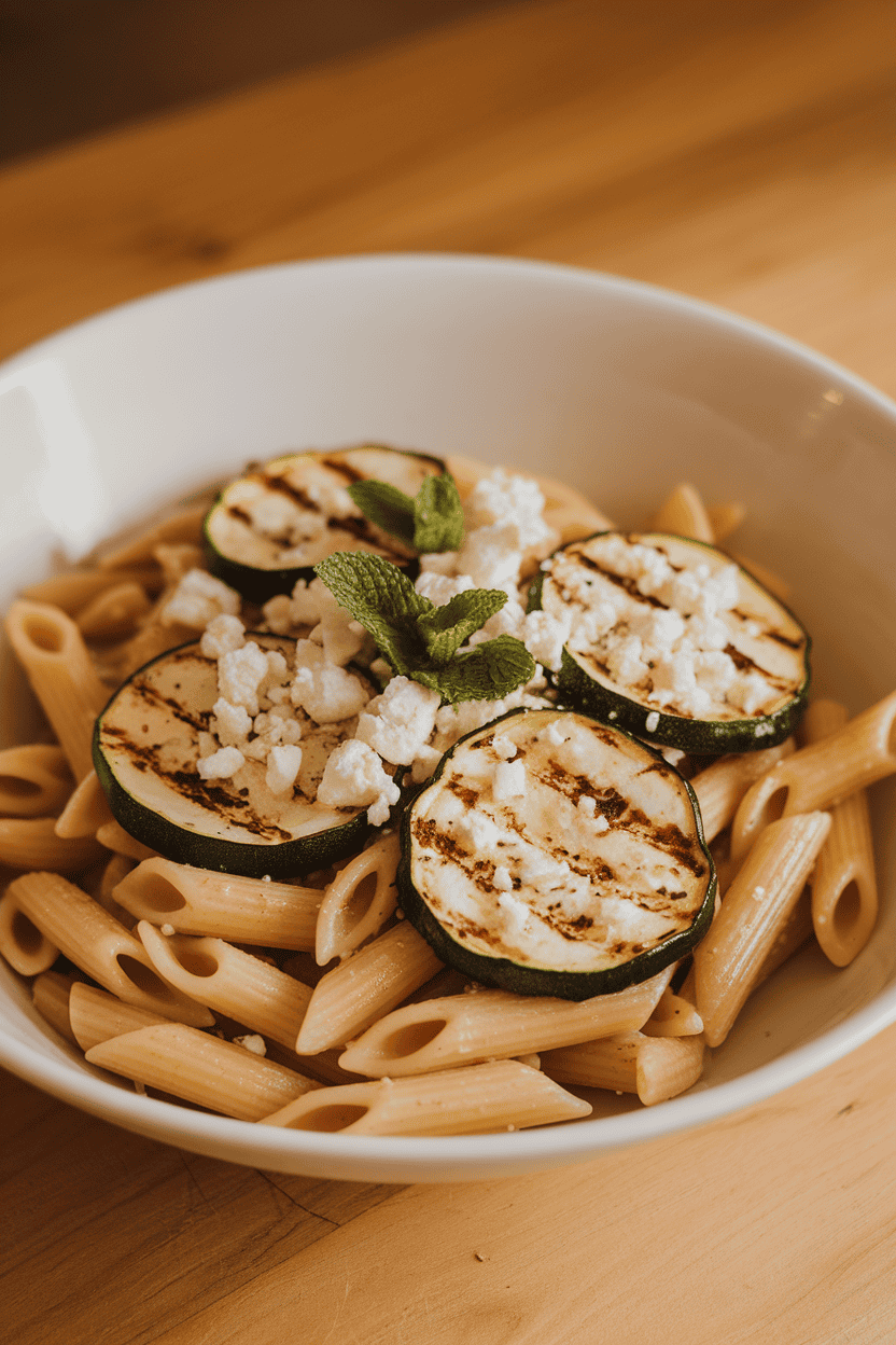 Warm indoor photo of penne pasta mixed with grilled zucchini rounds, crumbled feta, and mint leaves; no text or logos.