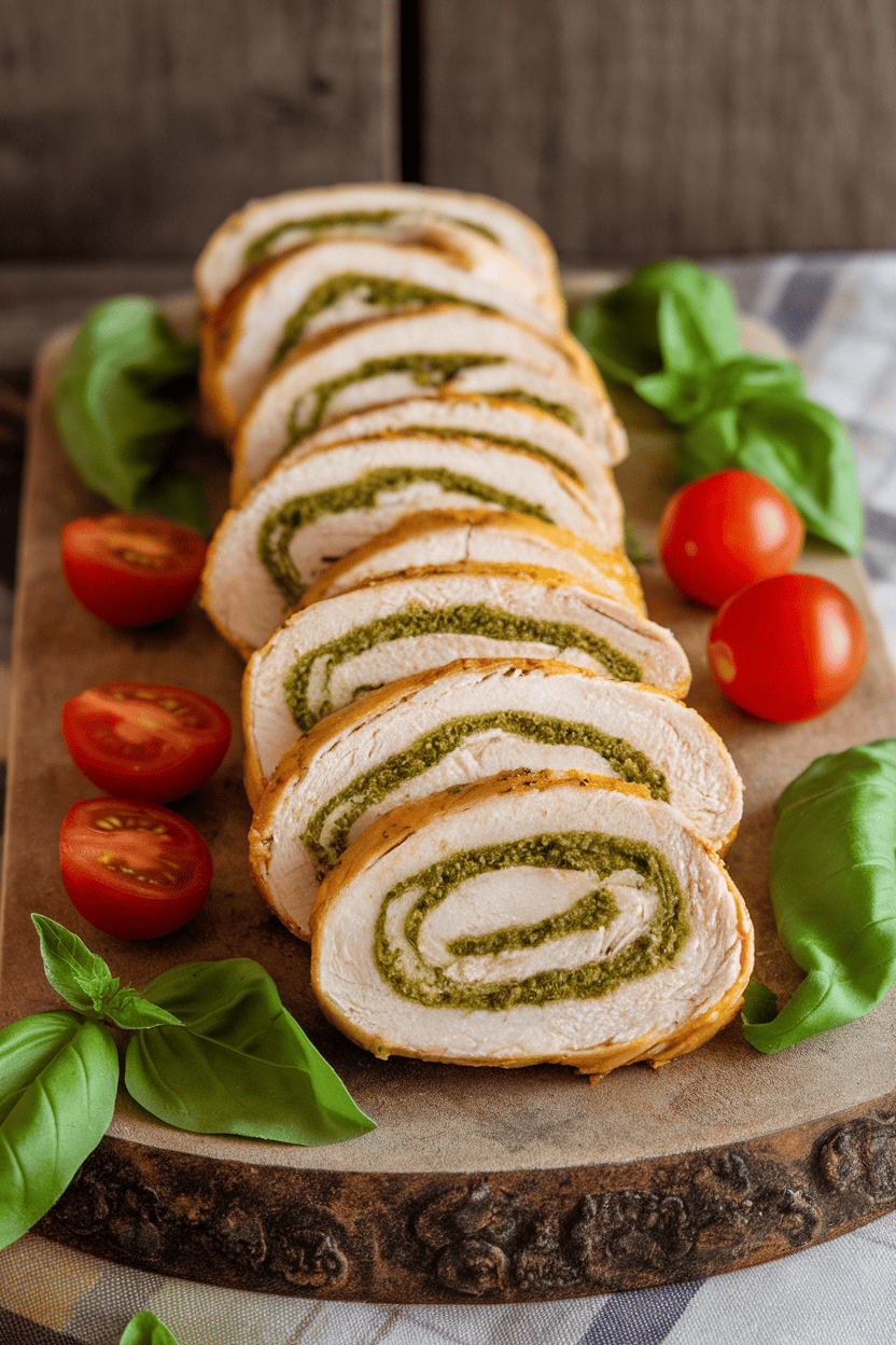 Indoor photo of sliced chicken roll-ups revealing green pesto swirl, arranged neatly on a serving board. No text or logos.