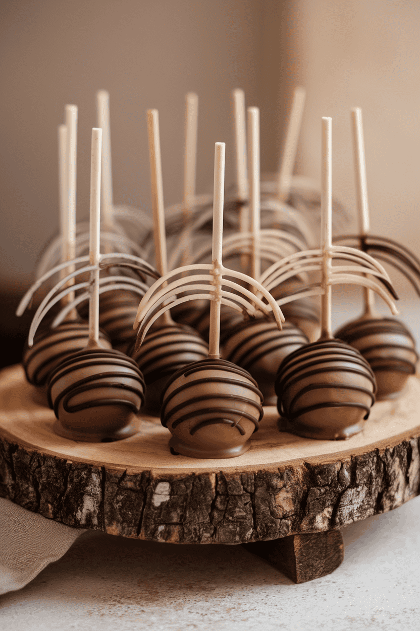 Brown fudge cake pops with streaks of darker chocolate and almond-sliver “claws” protruding, displayed indoors on rustic wood board; no logos. Photo.