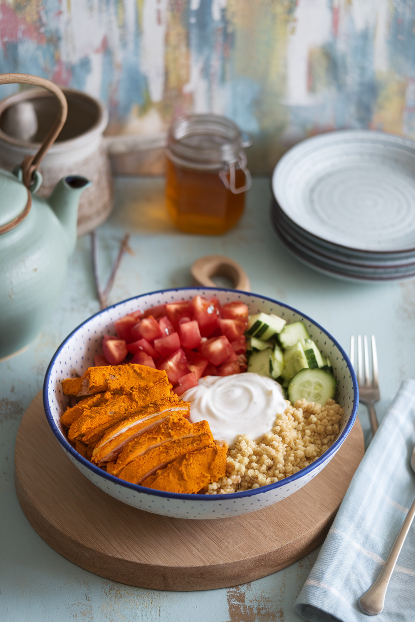 Photo inside a cozy kitchen showing a bowl filled with turmeric-spiced chicken strips, lemony couscous, chopped tomatoes, cucumbers, and a swirl of yogurt sauce. No visible text or logos.
