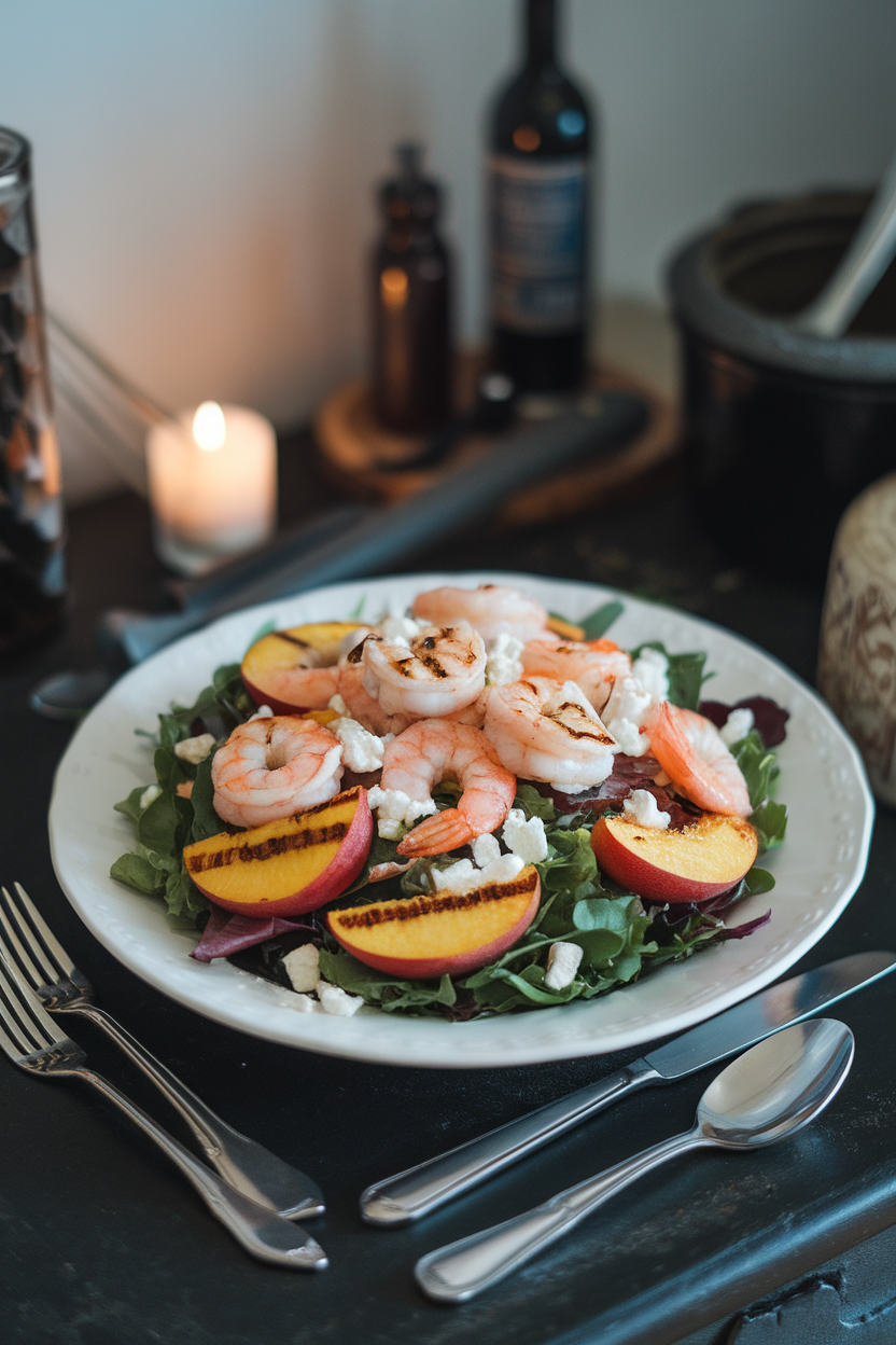 An indoor serving plate with mixed greens topped by grilled shrimp, sliced grilled peaches, and crumbled feta. No text or logos.