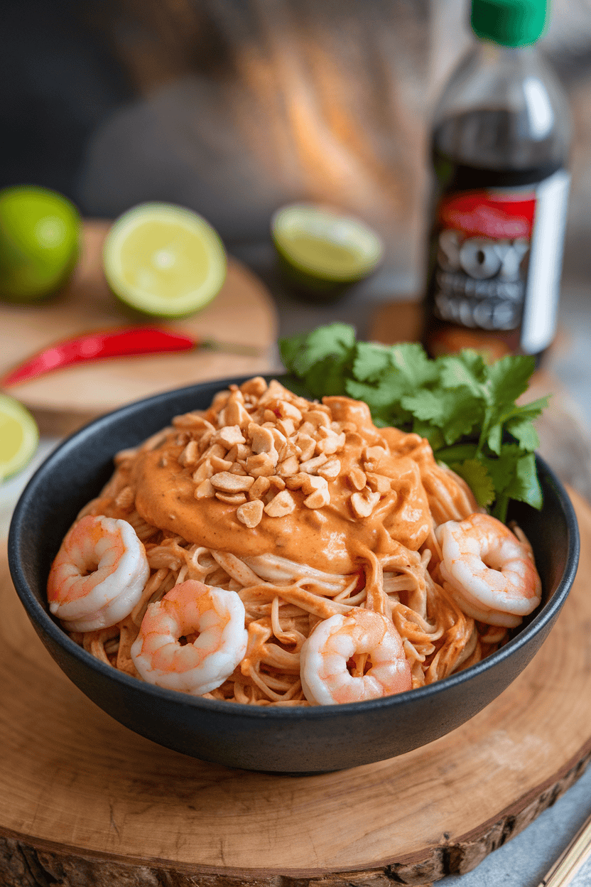 Indoor bowl of rice noodles tossed with shrimp and creamy spicy peanut sauce, topped with chopped peanuts. No logos or text. Photo only.
