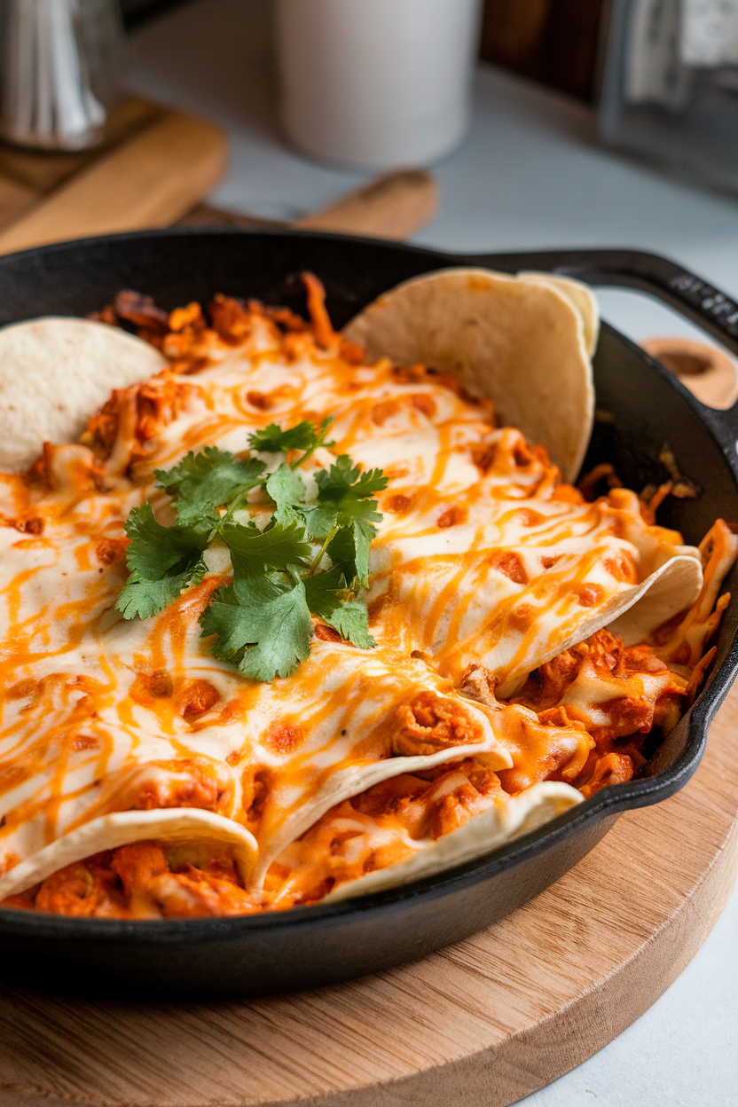 Indoor cast-iron skillet filled with cheesy chicken enchilada mixture, tortillas peeking out, cilantro on top. No logos. Photo.