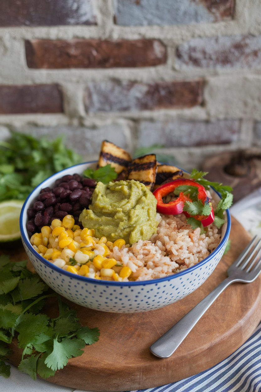 Indoor photo of a bowl containing cilantro-lime brown rice, black beans, grilled peppers, corn salsa, and guacamole. No text or logos.